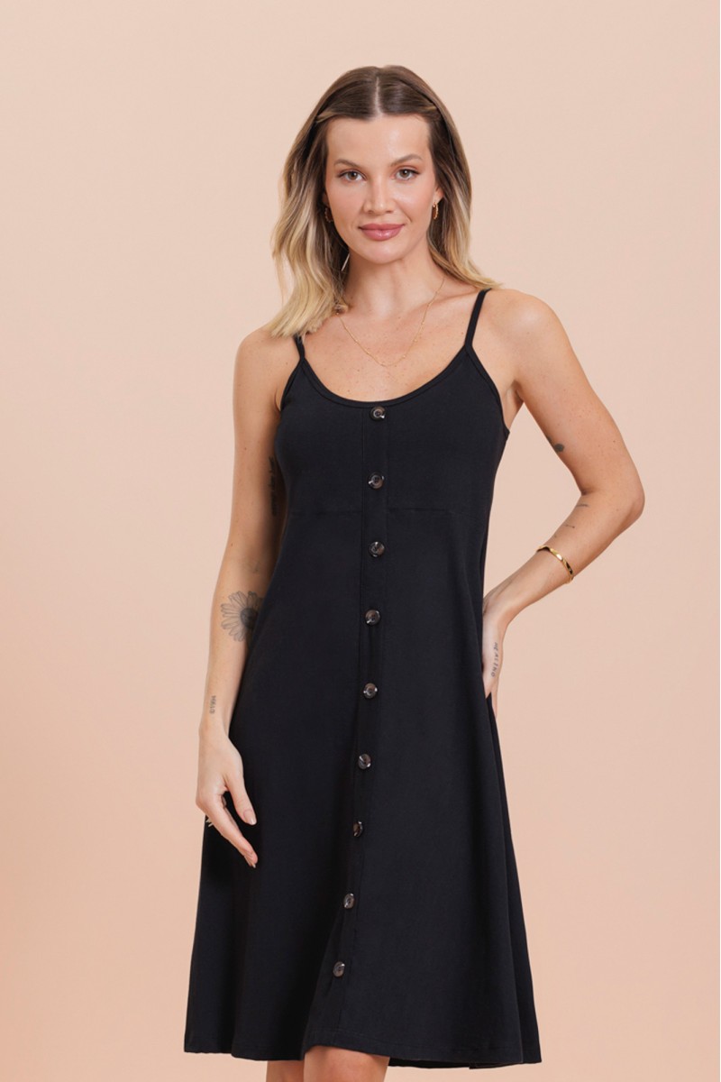 Vestido Alça Botões Preto